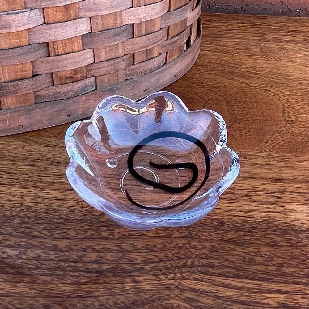 Handmade Scalloped Purple & Clear Glass Bowl Jewelry Sink Vanity Bedside Dish
